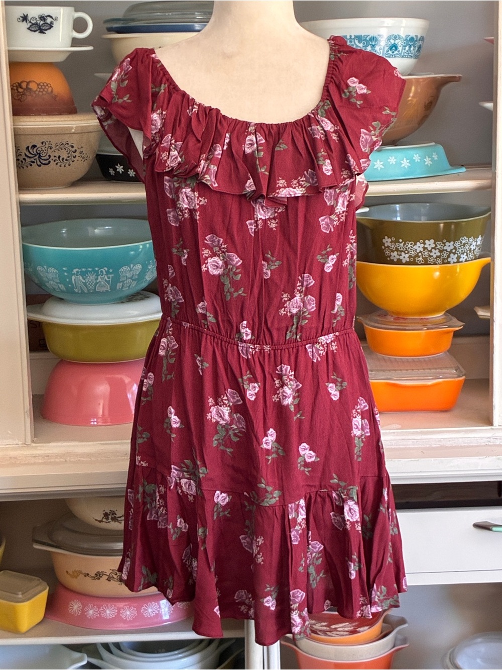 Kittenish Burgundy Rose Floral Off-the-Shoulder Ruffle Mini Dress - Size XL